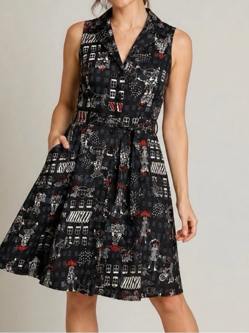 ModCloth Community Brunch Parisian Collared with belt black white red
